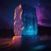 Image of an ancient stone monument with glowing runes under a starlit sky - Image 1