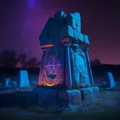 Image of an ancient stone monument with glowing runes under a starlit sky - Image 2