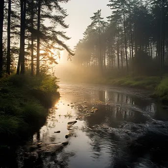 A river in a misty forest reflecting morning light - Image 1