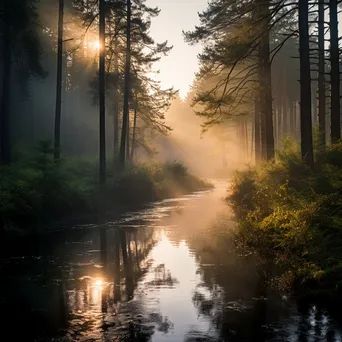 A river in a misty forest reflecting morning light - Image 2