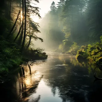 A river in a misty forest reflecting morning light - Image 3