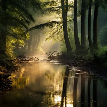 Misty River Through Forest