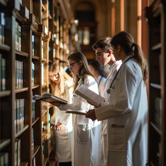 Medical students studying together in library filled with books - Image 2