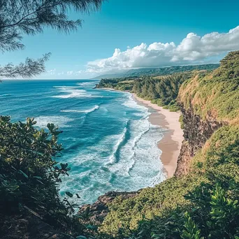 Cliffside view of the beach with dramatic waves and lush greenery under a blue sky. - Image 3