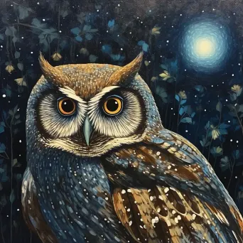 Pointillism style painting of an owl under a starry night sky - Image 1