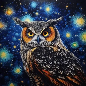 Pointillism style painting of an owl under a starry night sky - Image 3