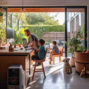 Parent working at a desk with children playing nearby - Image 1