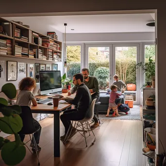 Parent working at a desk with children playing nearby - Image 3