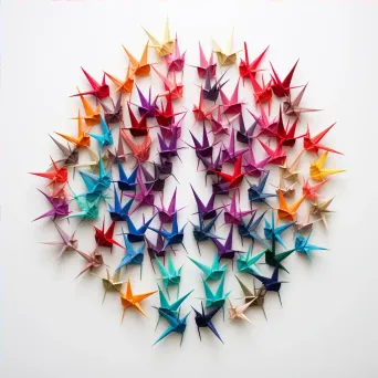 Pattern of aligned vibrant origami cranes against a white background - Image 4