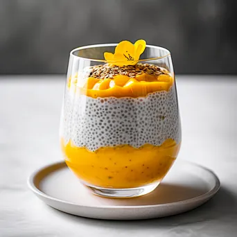 A glass of chia pudding layered with mango puree and coconut on a marble surface. - Image 1