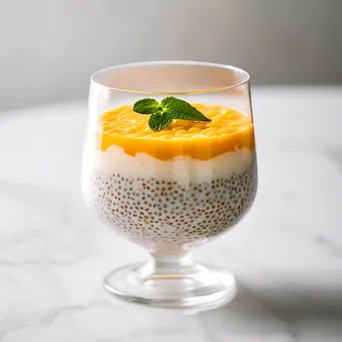 A glass of chia pudding layered with mango puree and coconut on a marble surface. - Image 3