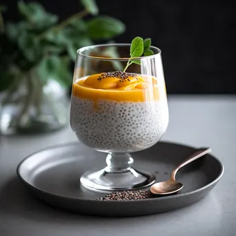 A glass of chia pudding layered with mango puree and coconut on a marble surface. - Image 4