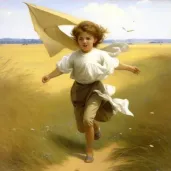 Child running through open field with a colorful kite - Image 3