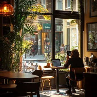 Freelancer on laptop in a busy café with morning light - Image 1