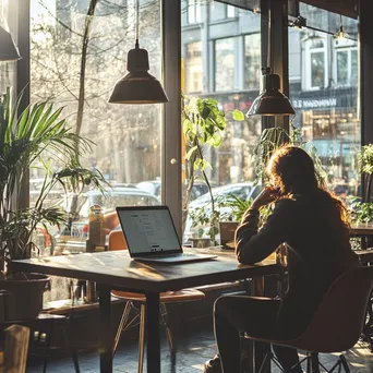 Freelancer on laptop in a busy café with morning light - Image 2