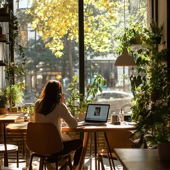 Freelancer on laptop in a busy café with morning light - Image 4