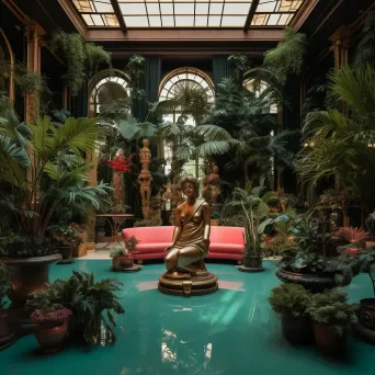 Surreal indoor botanical garden in art deco style with bronze statues of iconic movie characters - Image 1