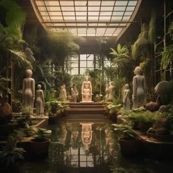 Surreal indoor botanical garden in art deco style with bronze statues of iconic movie characters - Image 3