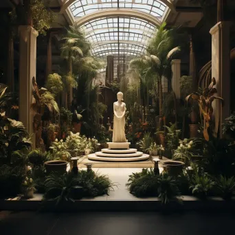 Surreal indoor botanical garden in art deco style with bronze statues of iconic movie characters - Image 4