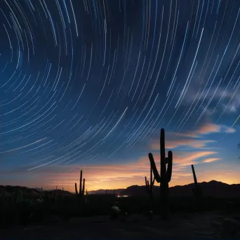 Star trails streaking across the sky above a desert landscape with cacti - Image 2