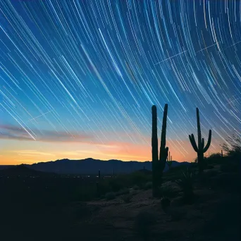 Star trails streaking across the sky above a desert landscape with cacti - Image 3