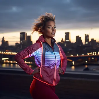 Female runner stretching near city skyline at dusk - Image 4