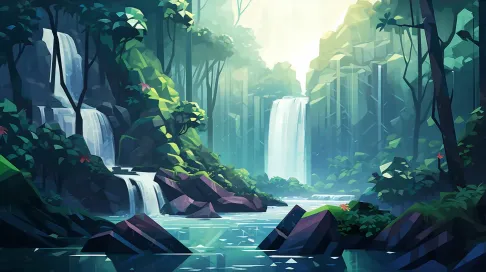 Polygonal depiction of a tropical rainforest waterfall - Image 3