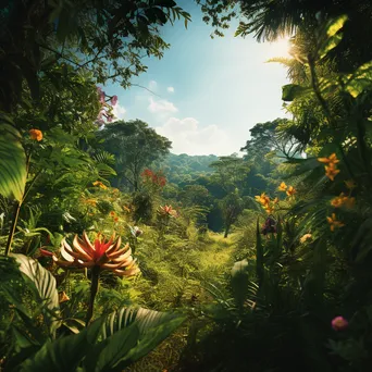 Peaceful jungle landscape with blue sky and green foliage - Image 1