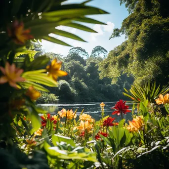 Peaceful jungle landscape with blue sky and green foliage - Image 2