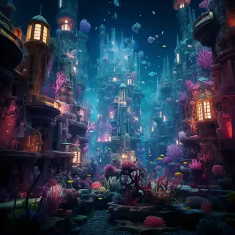 Underwater cityscape with coral skyscrapers and mermaid inhabitants - Image 1