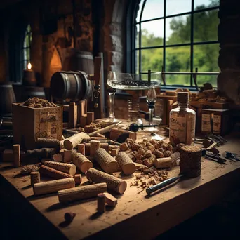 Cork harvesting tools arranged on a wooden table - Image 2