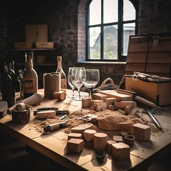 Cork harvesting tools arranged on a wooden table - Image 3