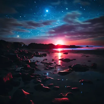 Colorful light trails on a dark beach under the night sky. - Image 1