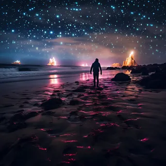 Colorful light trails on a dark beach under the night sky. - Image 3