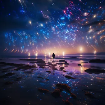 Colorful light trails on a dark beach under the night sky. - Image 4