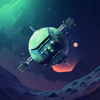 Retro-themed low-poly satellite orbiting over vibrant alien planet - Image 1