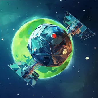 Retro-themed low-poly satellite orbiting over vibrant alien planet - Image 4