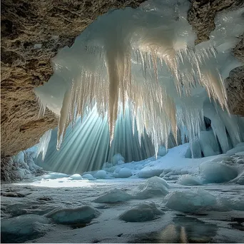 Icicles hanging from glacier cave ceiling with reflecting light - Image 1