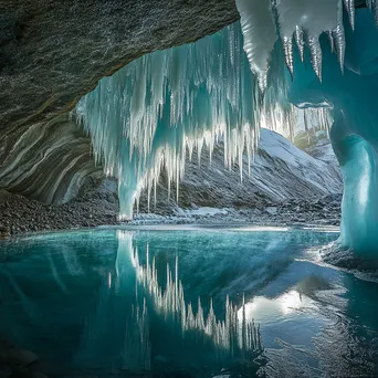 Icicles hanging from glacier cave ceiling with reflecting light - Image 3