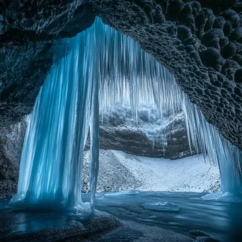 Icicles hanging from glacier cave ceiling with reflecting light - Image 4