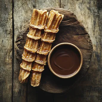 Spanish churros served with a bowl of melted chocolate for dipping - Image 1