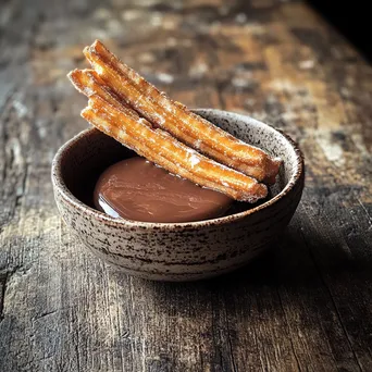 Spanish churros served with a bowl of melted chocolate for dipping - Image 2