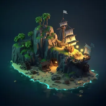 Isometric view of a low poly secret pirate cove filled with treasure - Image 1