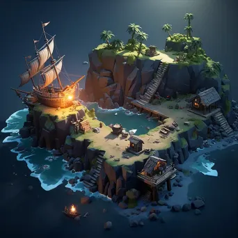 Isometric view of a low poly secret pirate cove filled with treasure - Image 3