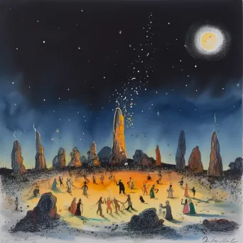 Image of an ancient stone circle with a bonfire under a starry night sky - Image 3