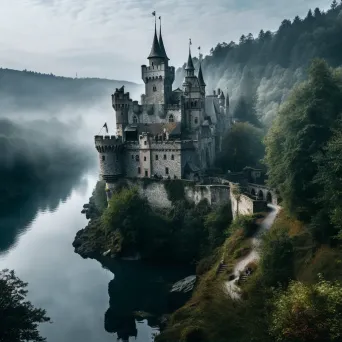 Ancient stone castle on a hilltop, surrounded by misty forests and a winding river - Image 1