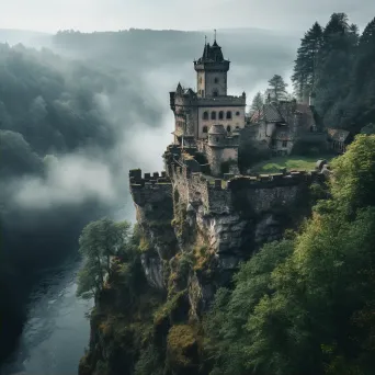 Ancient stone castle on a hilltop, surrounded by misty forests and a winding river - Image 2