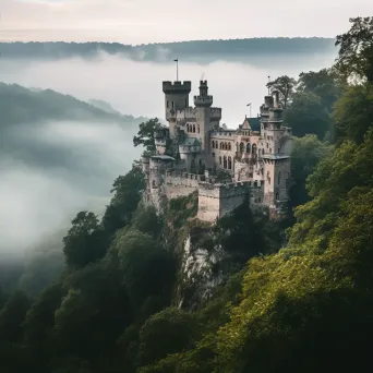 Ancient stone castle on a hilltop, surrounded by misty forests and a winding river - Image 4