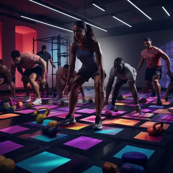 Group of participants in a HIIT class performing exercises with weights in a vibrant gym. - Image 1