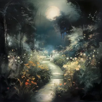 Night garden with glowing flowers and moonlit path - Image 3